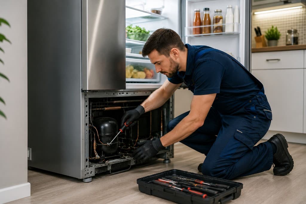 Techniker repariert einen Kühlschrank vor Ort
